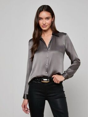 NEW! L'Agence Tyler Long Sleeve Silk Blouse Medium Grey Size Small $365